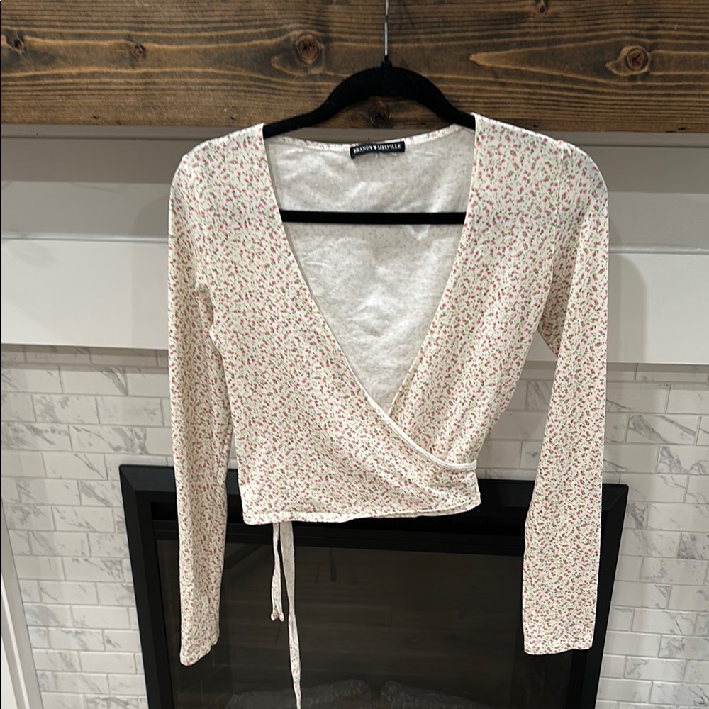 Brandy Melville Cream white floral Wrap Tie Blouse 4 for $20